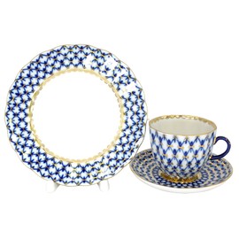 Lomonosov Porcelain Cobalt Net Coffee Cup and Saucer 3pc.
