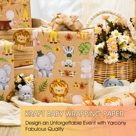 Yarcony Kraft Baby Shower Wrapping Paper, Jungle Animals Wrapping Paper, Cute Little Lion Giraffe and Elephant Themed Baby Gift Wrap for Kids Girls Boys Birthday Party Gender Neutral (17 In X 33Ft)