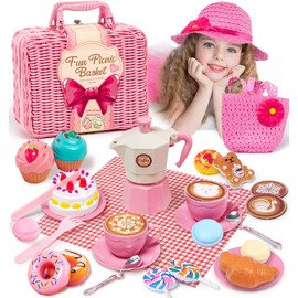 Lorfancy 32 Pcs Toddler Tea Party Set Little Girls Kids Pretend Play Coffee Playset Toys with Picnic Basket Hat Play Food Dessert Birthday Gift for Girls Age 3-8 Year Old
