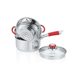 Concord Stainless Steel SIMPLE POUR Saucepan with Steamer Tier. Vented Glass Lid. Features Dual Pouring Spouts and Volume Marking on pot. Perfect for making Sauces, Jam, Ramen, and more (3 Quart)