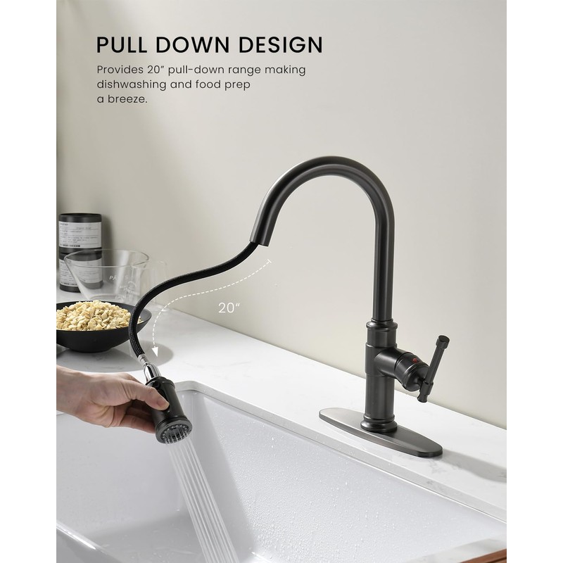 Pull Down Single Handle Kitchen Faucet High Arc, One Hole