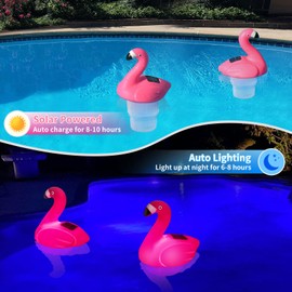 Uekars Solar Pool Chlorine Floater, 7 inch Flamingo Chlorines Floater with Light, Glow in Dark Chlorines Tablet Floater, Adjustable Flow and Easy Opening Floating Chlorine Dispenser for Pools, Hot Tub