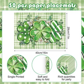 Bufflao Plaid Shamrock Paper Placemats Disposable 50 Pack St. Patrick's Day Placemats 16x 11 Inch Seasonal Paper Table Mats for Home Kitchen Dining Table Party Decoration
