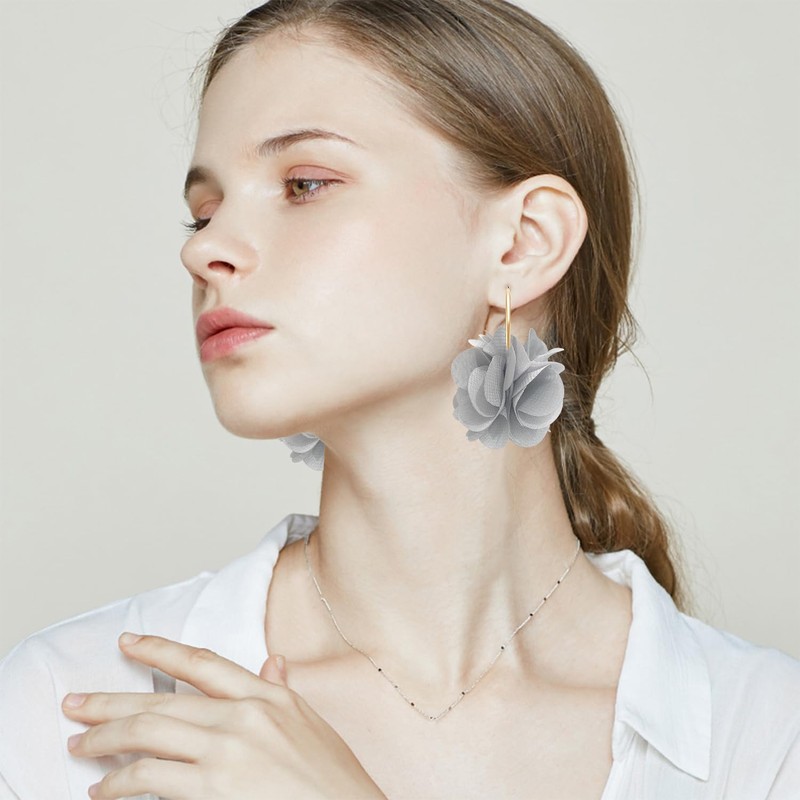 NONQL Bohemian Aesthetic Fabric Flower Lightweight Hoop Earrings Handmade Summer