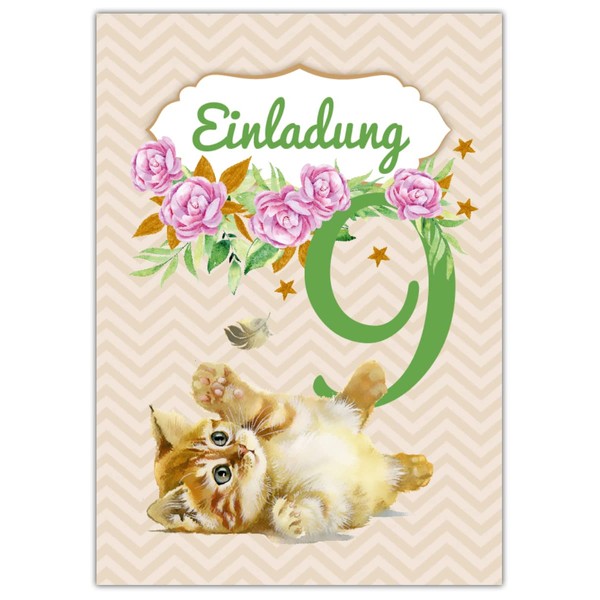 Junapack 12 Invitation Cards for 9th Birthday Party Girl Cat