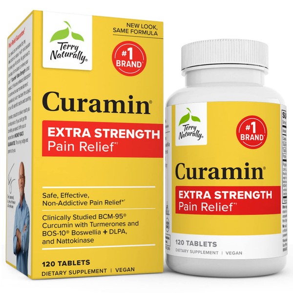 Terry Naturally Curamin Extra Strength - 120 Tablets - Non-Addictive Pain Relief Supplement with Curcumin, Boswellia, DLPA & Nattokinase - Non-GMO, Vegan - 40 Servings (Package May Vary)
