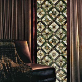 Boho Golden Vintage Geometric Dark Green Ethnic Stained Glass Window Films Decorative Double-Side Privacy Film Self-Adhesive Static Glass Window Clings for Living Room Bathroom Glass Windows Decor