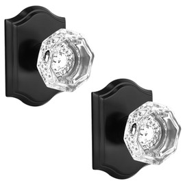 Gobrico 2 Pack Dummy Door Knobs,Clear Glass Crystal Door Knobs Octagon Shape with Arched Rosette,Pantry Bifold Door Knob Handle,Matte Black