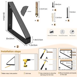 2Pcs Heavy Duty Floating Shelf Brackets, 8" Metal Wall Mounted Triangle Bracket with Screws, Decorative Shelve Supports for Bedroom Living Room Bathroom Kitchen Office Decor - 300lbs Load(Black)