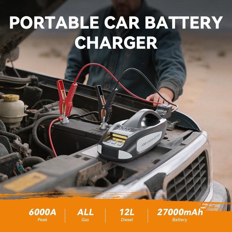 6000A Jump Starter with Air Compressor, 27000mAh & 160PSI Portable