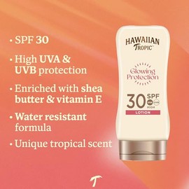 HAWAIIAN Tropic Hawaiian Tropic Glowing Protection Sunscreen Lotion SPF 30 UVA plus UVB Protection, 180 ml, Tropical Scent, with Shea Butter, Water Resistant, Vegan