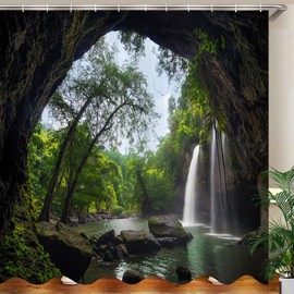 JOOCAR Shower Curtain, Nature Waterfall Summer Cave in Waterfall National Park Thailand Forest Jungle Rocky Scene Landscape Set, Waterproof Cloth Fabric Bathroom Decor Set with Hooks, 72x72 Inch