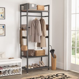 LITTLE TREE Clothes Rack with Shelves, Industrial Hall Tree Garment Rack Small Closet with Shoe Storage