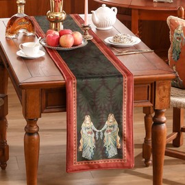 patdrea Designer Mysterious Oil Painting Figures Velvet Table Runner, Brown Green with Palm Frond Pattern Table Mat, Decoration for Kitchen Dining Coffee Table Cabinet Banquet Thanksgiving,12"*102"
