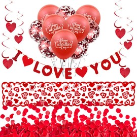 Romantic Decorations, 10Pcs Red Balloons 1 I LOVE YOU Banner Mother's Day Valentines Day Decorations, Lace Table Runner 300 heart spiral swirls for Valentines Day,Anniversary,Wedding Party