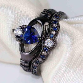 Bridal Sets Black Gold Plated Heart Blue Cz 2pcs Womens Wedding Ring Sets Engagement Ring Claddagh Ring