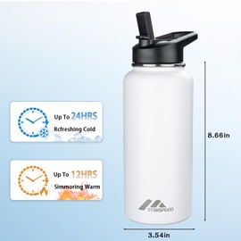 32oz Insulated Water Bottle, Stainless Steel Double Walled Metal Vacuum Water Flask, Wide Mouth Sports Water Bottle with 2 Lids (Straw and Spout Lid) for Gym Camping Hiking, White