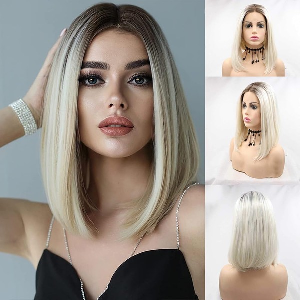 Xiweiya Platinum Blonde Bob Synthetic Lace Front Wigs with Light Brown Roots Ombre White Blonde Short Cut Straight Lace Front Wigs Natural Hairline