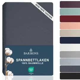 BARBONS Fitted Sheet 180 x 200 cm, 100% Cotton Fitted Sheet, OEKO-TEX Certified Bed Sheet, Jersey Bedding and Duvet Cover for Box Spring Bed and Thick Mattresses up to 25 cm, Dark Grey