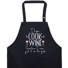 EXPRESS-STICKEREI Unisex Cooking Apron with Embroidered Design Funny Cooking Apron BBQ Apron for Women/Men Adjustable Bib Apron Kitchen Apron Gift BBQ Fans Hobby Chef Baker, I love to cook with wine -