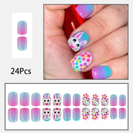 Easter Press on Nails Short Square Fake Nails with Cute Rabbit Design Glue on Nails Blue Purple Gradient Bunny French Full Cover Spring Easter Bunny False Nails Party Nail Decor for Women Girls 24Pcs