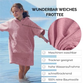 CalmyBEACH Terry Cloth Bath Poncho Girls Boys – Children's Surf Poncho 100% Cotton Beach Poncho Towel with Hood Changing Aid Surf Poncho Bathrobe, Antique Pink