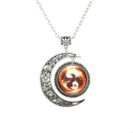 Silver Crescent pendant Phoenix pendant necklace phenix jewelry Fenghuang necklace Charm gifts 22"