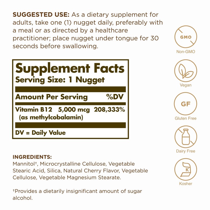 Solgar Methylcobalamin (Vitamin B12) 5000 mcg - 60 Nuggets, Pack
