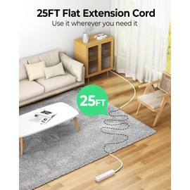 Flat Extension Cord 25 ft, Flat Plug Power Strip with USB Ports, Flat Plug Extension Cord with 3 Outlets with 3 USB Ports(2 USB C) Long Extension Cord No Surge Protector for Home Office Dorm Room