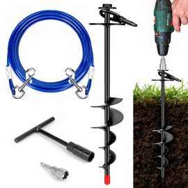 Dog Tie Out Stake, Heavy Duty 360°Swivel Dog Outside Lead Cable, Screw in Spike Auger Ground Stake Anchors with Power Nut Drill Bit, T Wrench and Leash, for Yard Camping Beach
