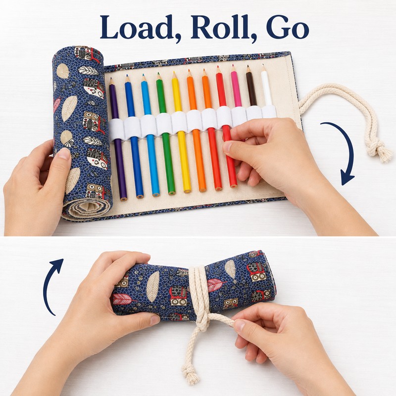 12-Slot Canvas Roll Up Pencil Case with Assorted Designs -