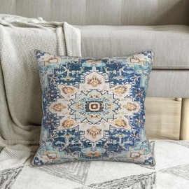 Throw Pillow Cover, Boho Style Ethnic Design Pattern Linen Carpet, Tribal Pattern Throw Pillow Case, Cushion Cover, Home Office Decorative Square 18x18 inch （2pcs (Blue)