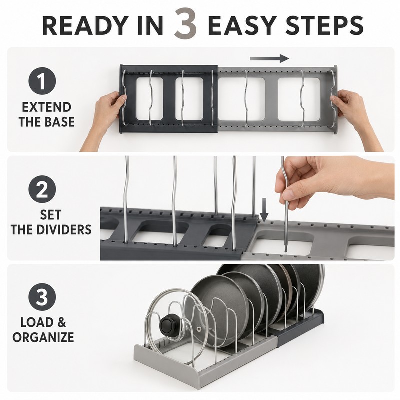 7-Grid Adjustable Pot and Pan Organizer Rack, Expandable Metal Lid
