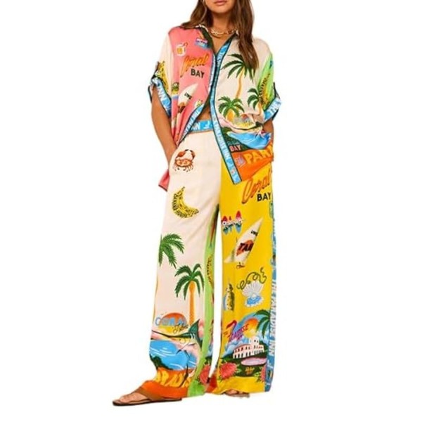Women's Summer Print Two Piece Pajama Set Short Sleeve Outfits