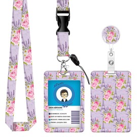 Lanyards for ID Badge Holder for Women Cute, Teacher Lanyard with ID Holder Clip,Retractable Keychain Badge Reel Heavy Duty, Teacher Nurse Work Office Gifts (Purple Floral)