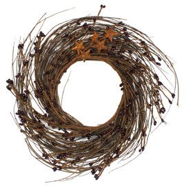 CVHOMEDECO. Primitives Rustic Pip Berries and Twig with Rusty Barn Stars Wreath, 12-Inch, Burgundy