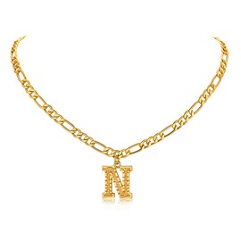 FOCALOOK Initial Neckles for Women Men 14K Gold Plated N Necklace Initial Figaro Chain for Teens 18 Inch (N)