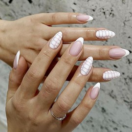 ANDGING White Press on Nails Almond French Tip Short Medium Glue on Nails with Leopard Designs Fake Nails for Women Wedding Acrylic Fantasy False Nails Manicure Full Cover Stick on Nails 24 Pcs