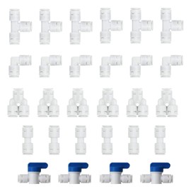 HUAZIZ 28 Piece Universal Connection Set Adapter Fitting Connector, RO Water Filter Fitting, for 1/4 Inch (6 mm) Hose, Refrigerator Hose, Water Hose (Y + T + I + L Type + Shut-off Valve)
