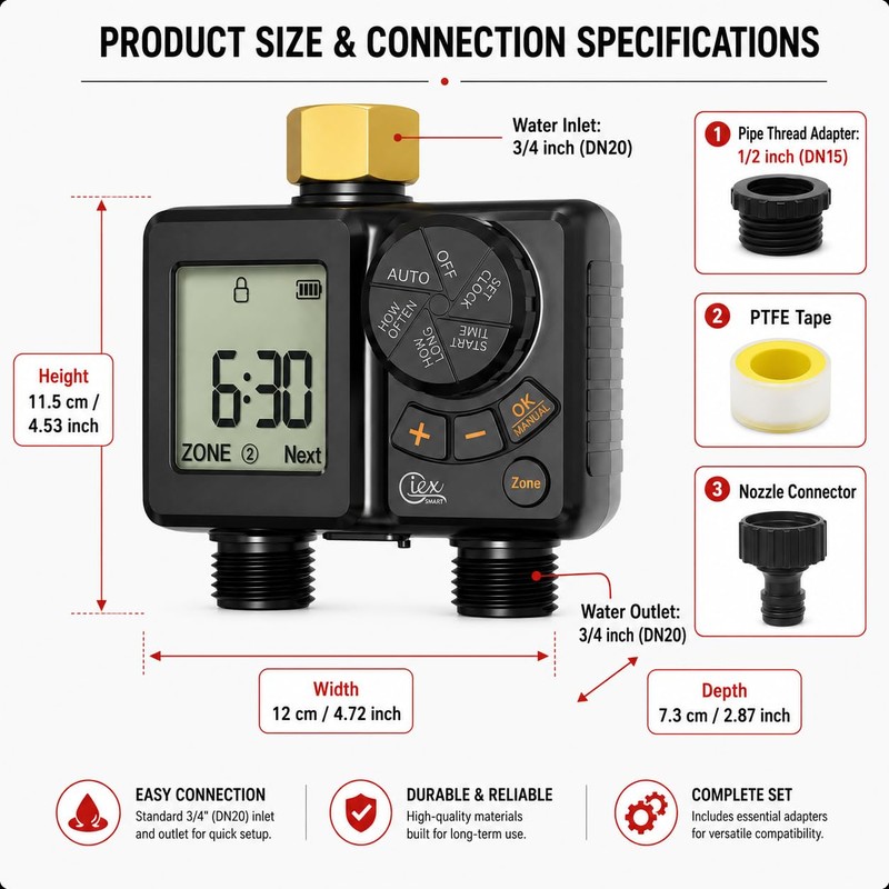 GIEX Rechargeable Sprinkler Timer 2 Zone, Programmable Water Hose Timer