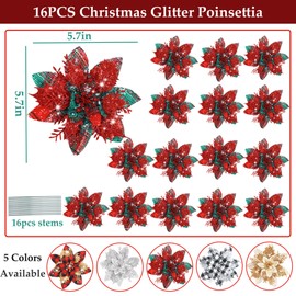 Pecehom 16 Pieces Poinsettia Christmas Decorations,Glitter Artificial Poinsettia Flowers Christmas Tree Ornaments,for New Year Wedding Xmas Wreath Home Party Decor (Red and Green)