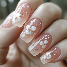 Medium Press on Nails Nude Gloss Fake Nails with White Flowers Designs Full Cover Glue on Nails Reusable Artificial Stick on Nails for Women 24 Pcs