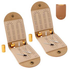 2 Sets Small Cribbage Board Game Set, Portable Travel Foldable PU Leather Mini 2 Track Cribbage Board with 8 Metal Pegs and 2 Storage Slots Accessories Ideal for Family and Friends