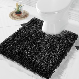 Yimobra Toilet Rugs U Shaped Washable, Extra Thick Soft Absorbent Chenille Contour Bathroom Rugs for Toilet 24x20 Inch, Quick Dry Non Slip Toilet Mat for Bath Floor, Black