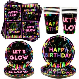 Glow Neon Party Tableware Supplies Serves 20 - Includes Plates, Cups,Napkins,for Let’s Glow Theme Blacklight Party Decorations (Serves 20)