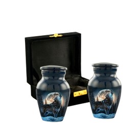 AWESOME MEMORIES Midnight Wolves Handcrafted Keepsake Urn - 2 Mini Cremation Urns for Ashes Howling at The Moon Sharing Wolf Moonlit Memorial Token (Keepsake Urns Set of 2), Dark Blue