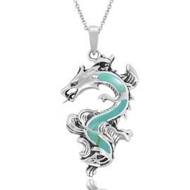 AeraVida Legendary Chinese Dragon Charm Stoneห Inlaid Accent .925 Sterling Silver Pendant on 18-inch Chain Necklace | Dragon Jewelry Necklace Accessory for Men Women Unisex (Green Turquoise)