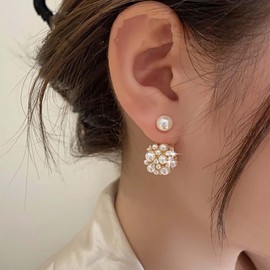 Cybche Boho Pearl Ear Jacket Earrings Gold Cluster Pearl Earrings Wedding Pearl Stud Earrings Pearl Crystal Earrings Double Pearl Earrings Jewelry for Women