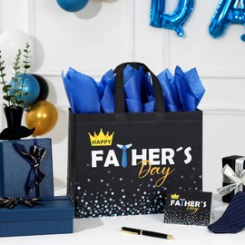 STYPOP 6 Pack 13" Fathers Day Gift Bags with Tissue Paper, Reusable Non-Woven Fathers Day Bags for Men/Dad/Grandpa, Medium Men Gift for Party Favor, 12.8"*10.2"*6.3"
