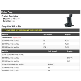 Windshield Washer Pump - Compatible with 2009-2012 Chevy Malibu